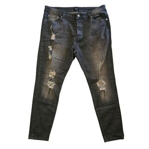 boohooMAN Mens Distressed Skinny Jeans Faded Black Ripped Denim 42R x 32L